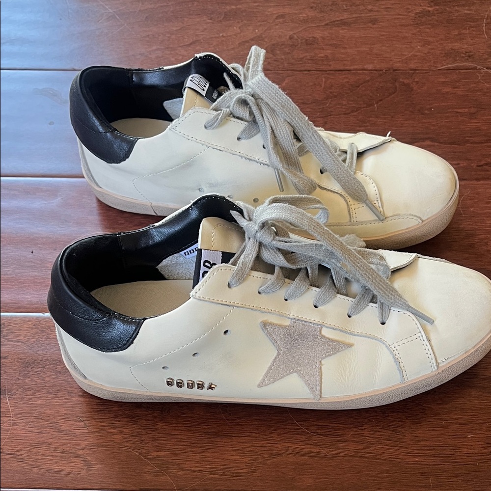 Golden Goose Cream and Black Sneakers with Silver Star